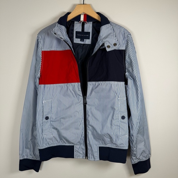 Tommy Hilfiger Men's Striped Windbreaker Full Zip Up Jacket Coat Size Medium - Picture 1 of 6
